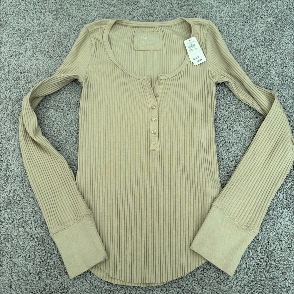Aerie tan Ribbed Henley Long Sleeve Top - Beige